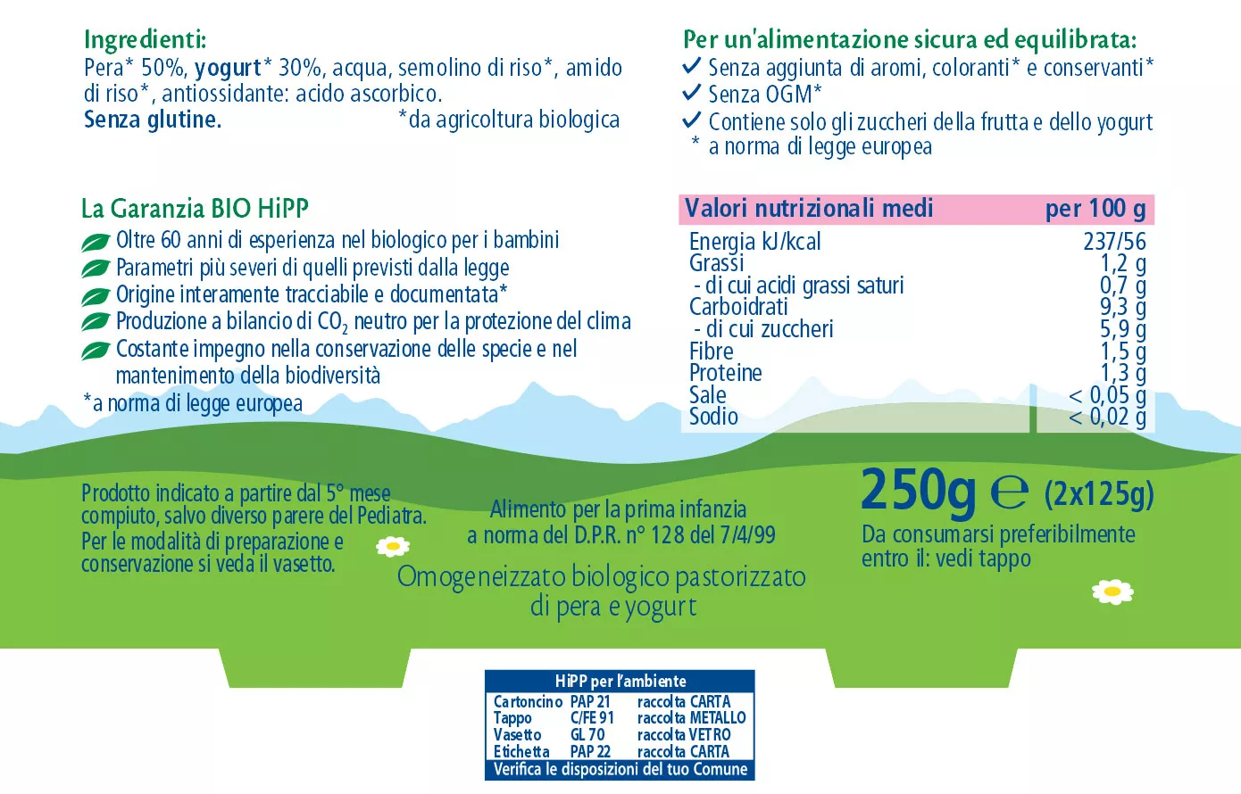 Hipp Biologico Omogeneizzato Merenda Pera e Yogurt 2 x125 g